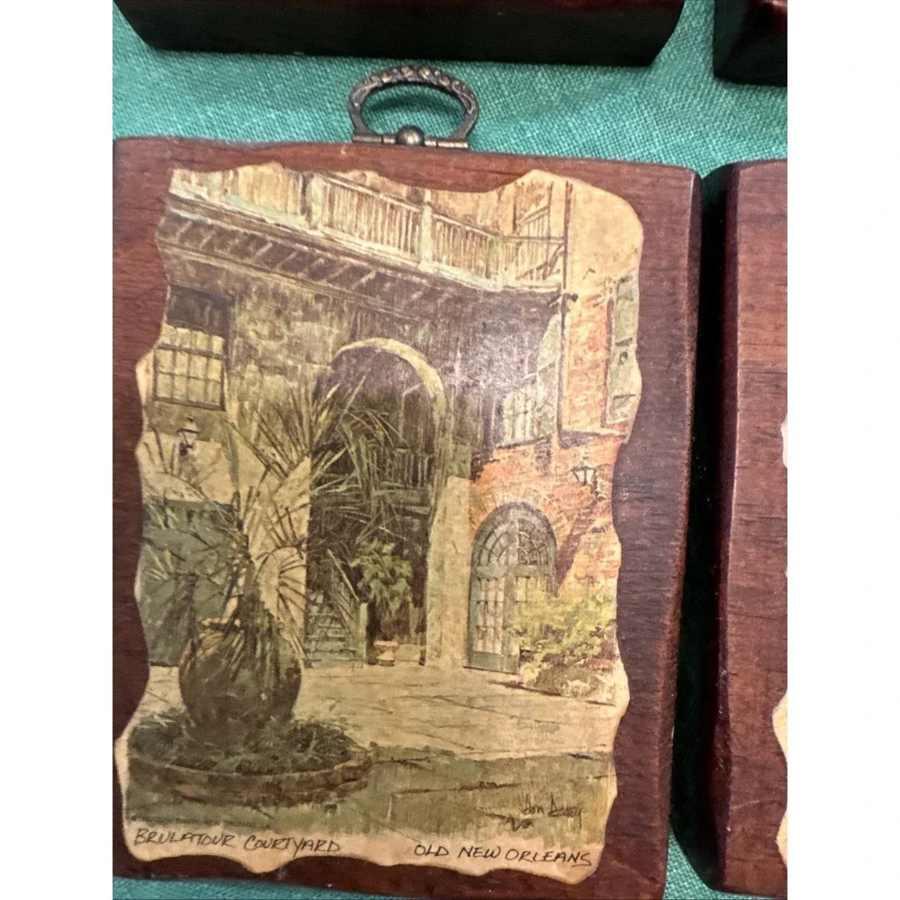 Set Of 4 Old New Orleans wooden plaque decoupage Signed 5